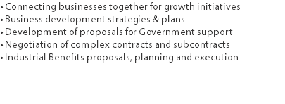 • Connecting businesses together for growth initiatives
• Business development strategies & plans • Development of proposals for Government support
• Negotiation of complex contracts and subcontracts
• Industrial Benefits proposals, planning and execution
